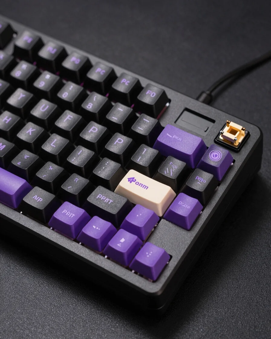 Macro de un teclado mecánico con keycaps de perfil PBT y switches